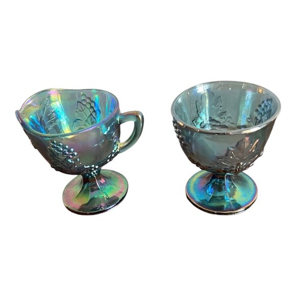 Vintage Harvest Blue Iridescent Carnival Glass Open Sugar Bowl & Creamer Grapes - Picture 1 of 11